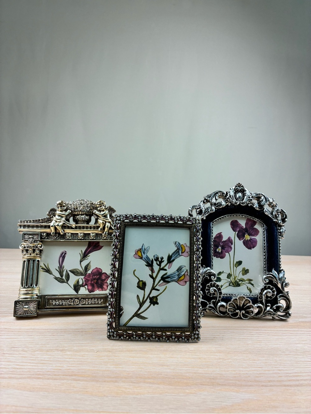 Vintage Ornate Mini Picture Frames Set of 3 Floral Prints
